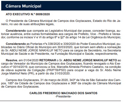 Retorno do vereador Abdu Neme à Câmara é publicado