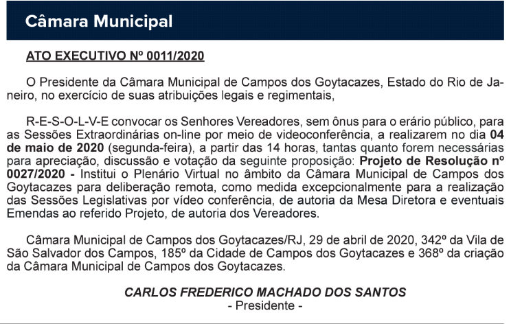 Câmara convoca para sessão extraordinária on-line