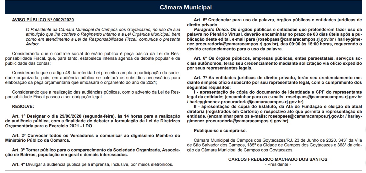Câmara recebe inscrições para audiência pública sobre LDO 2021 até sexta-feira