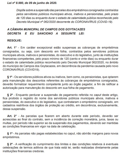 Leis sancionadas: Suspensão de parcelas do consignado e sanitização de espaços coletivos
