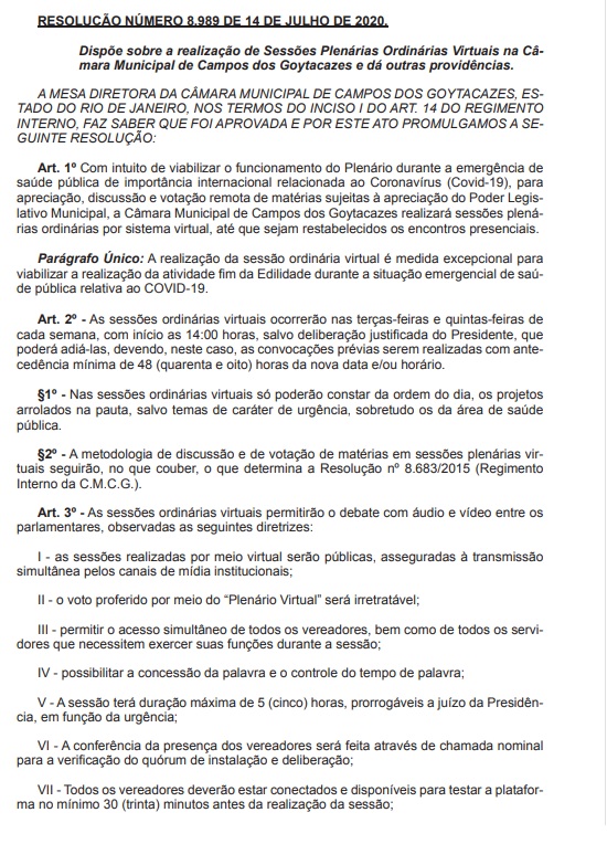 Resolução sobre sessões ordinárias virtuais é publicada